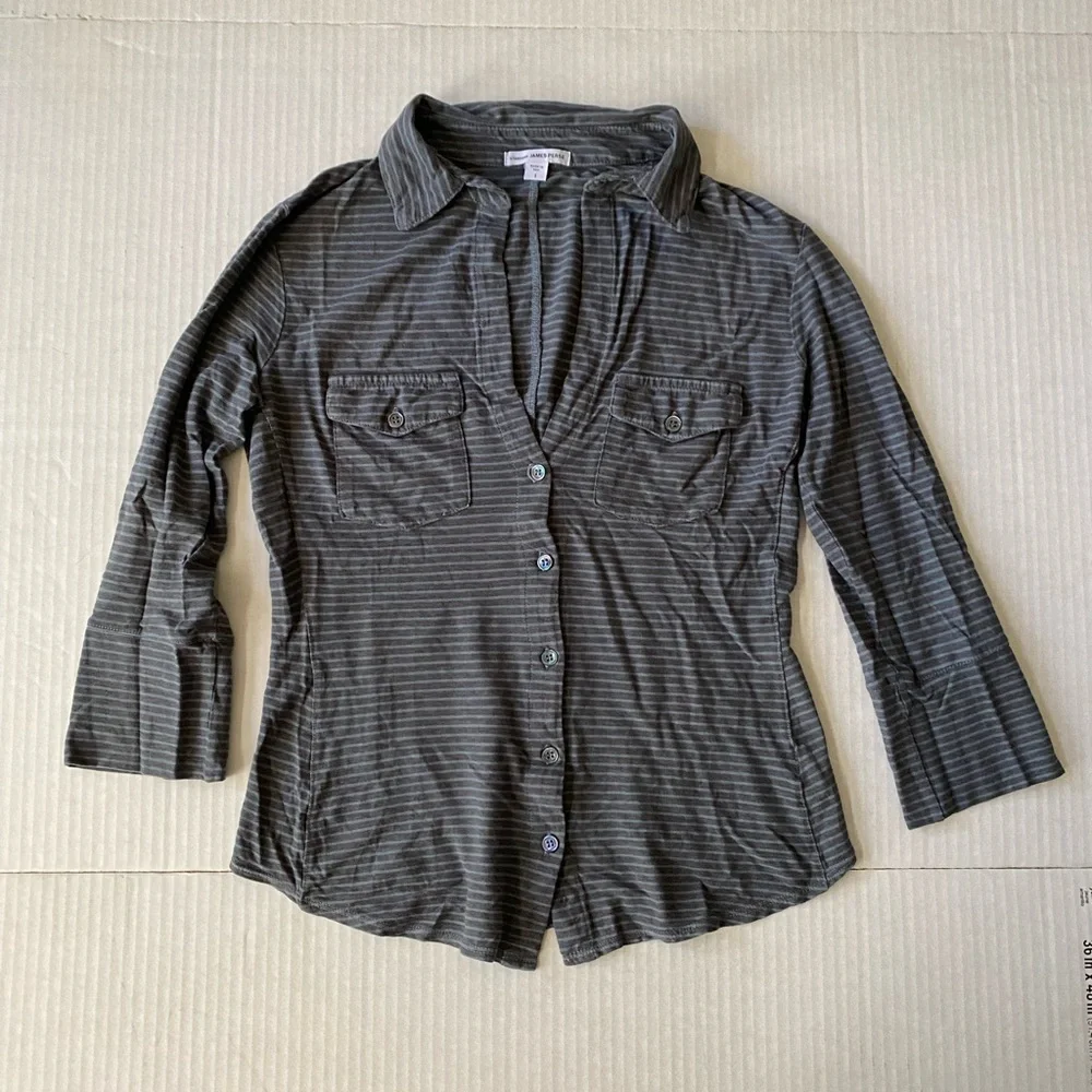 Standard James Perse blue and grey striped knit side panel shirt size 1 - Picture 2 of 14